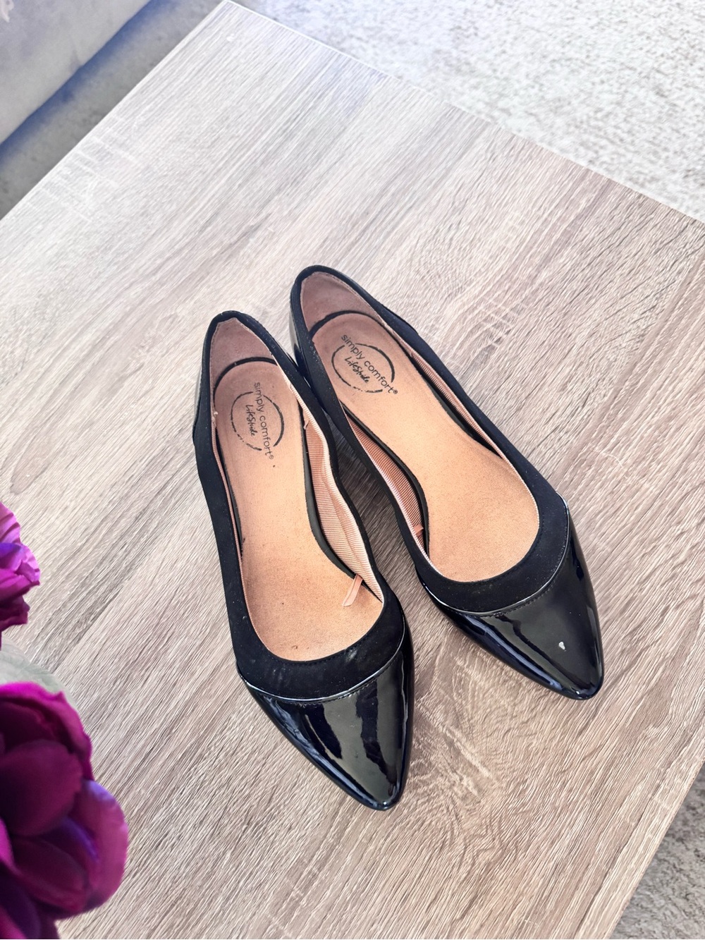 Aria Black Pointed Toe Flats with Patent Cap